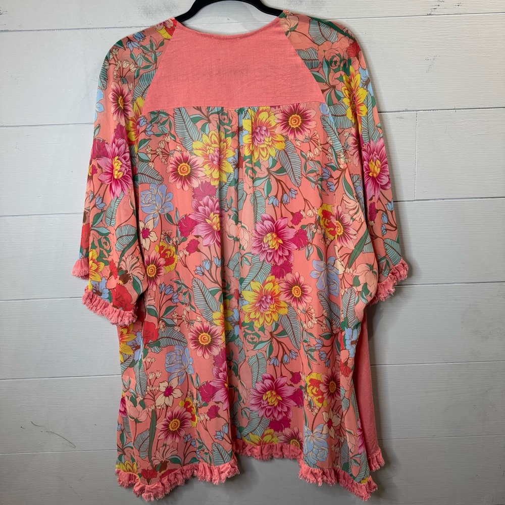 Umgee Coral Floral Kimono Duster Fringe Trim Boho Cardigan Size Small / Medium - Picture 2 of 13